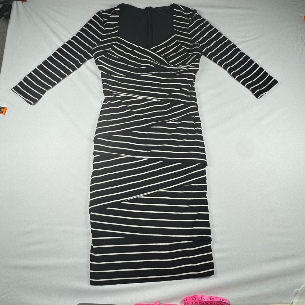 White House Black Market Striped Tiered Sheath Dress Black‎ White Size 8